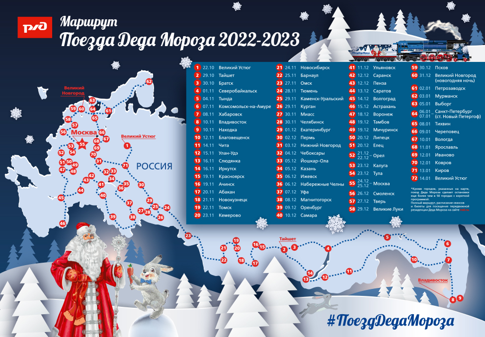 Маршрут новогоднего поезда Деда Мороза 2022